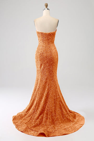 Arancione Sirena Sweetheart Sweep Train Abito da ballo con paillettes